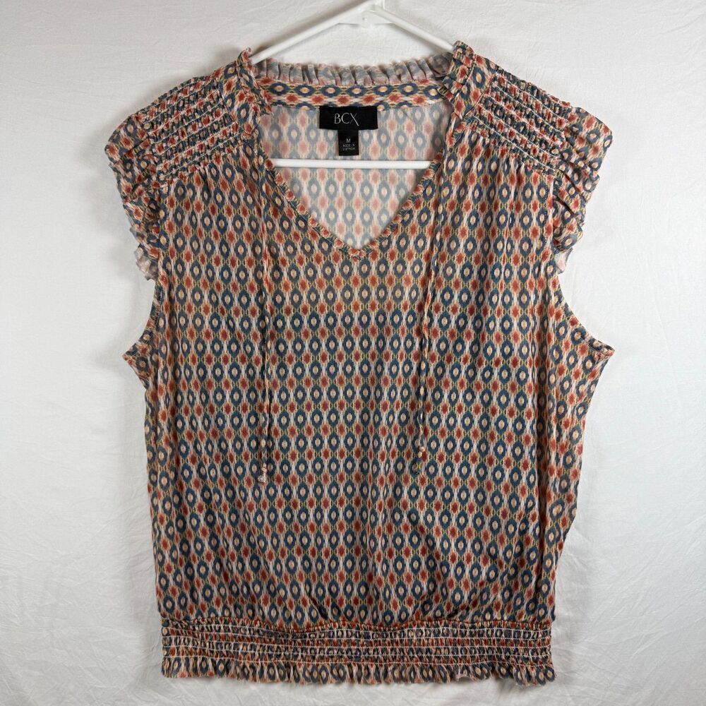 BCX Boho Geometric Print Smocked Cap Sleeve Top Size M